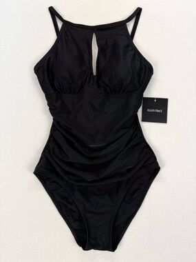 Ellen Tracy NWT Black Ruched One Piece Swimsuit Tummy Control Slimming Classic